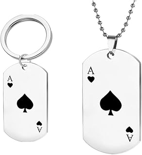 2Pcs/Set Black Ace of Spades Engraved Stainless Steel Poker ace Card Jewelry Medical Alert ID Dog Tag Pendants Necklace And Keychain For Man Women, Punk Ace of Hearts Charms, Metal, No Gemstone