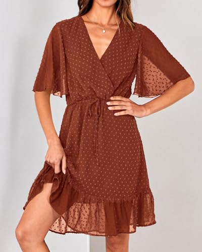KIRUNDO Womens Summer Dresses 2026 Casual Spring Short Sleeve V Neck Ruffle Swiss Dot High Waist Belted Flowy Mini Dress(Style2-Brick Red, Medium) — view 6