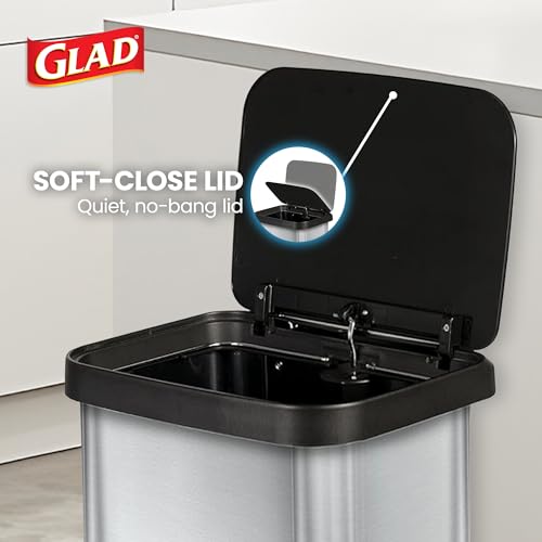 Image of Glad GLD-74506 Stainless Steel Step Trash Can with Clorox Odor Protection | Large Metal Kitchen Garbage Bin with Soft Close Lid, Foot Pedal and Waste Bag Roll Holder, 13 Gallon, Stainless