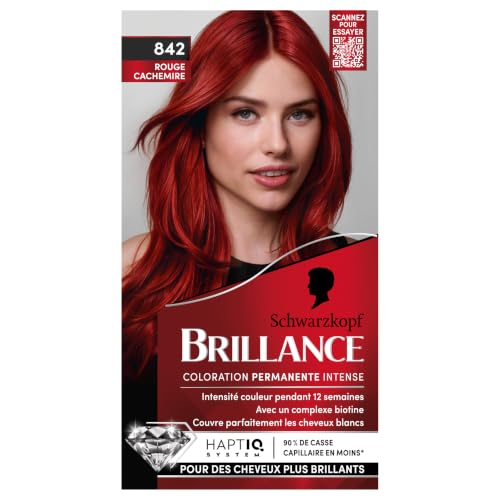 Brillance, Schwarzkopf, Coloration Permanente, Intensite Couleur 12 semaines, Brillance Eclat, Couverture Parfaite Cheveux Blancs, MasqueSoin Fixateur de Couleur, HaptIQ System, Rouge Cachemire 842