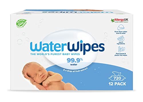 WaterWipes - Toallitas húmedas Originales sin plástico para bebés 720 unidades (12 paquetes), formuladas con un 99,9 % de agua y sin perfume, ideales para pieles sensibles