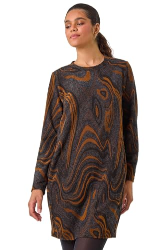Image of Roman Spot Print Zip Pocket Jersey Dress for Women UK - Ladies Everyday Holiday Autumn Winter Round Neck 3/4 Sleeves Comfy Soft Evening Vacation Work Party Shift Tan Black