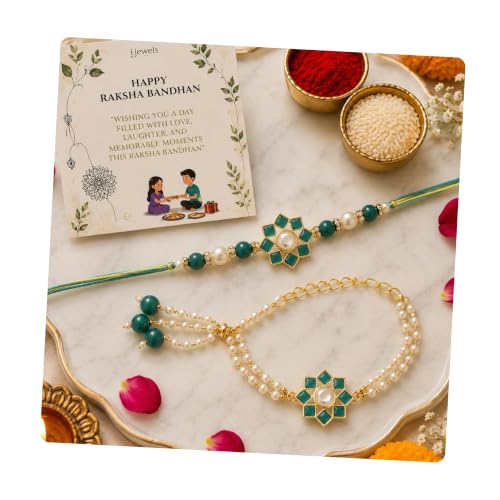 Image of I Jewels Designer Kundan & Pearl Hanging Bhaiya Bhabhi Lumba Rakhi Combo Set For Rakshabandhan (R108-CO)