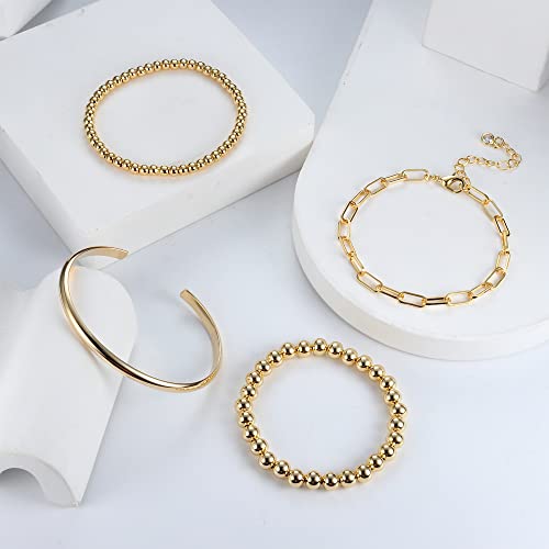 Fansilver 4Pcs Gold Bracelets For Women Girls 14K Gold Plated Cuff Bracelet Bead Ball Bracelet Twisted Chunky Bangle Bracelet Link Bracelet Gold Stackable Bracelets Set #TOP5