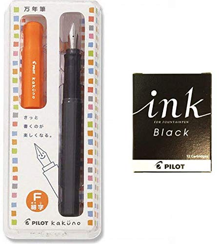 Pilot Kakuno FKA-1SR-OF) Orenge Body Fine Point Fountain Pen + Ink Cartridge 12pcs/1Set (IRF-12S-B)