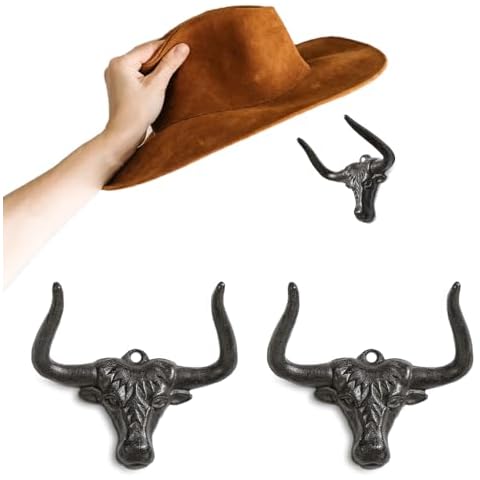 HYDERMUS Cowboy Hat Rack for Wall 2 Pack Modern Cast Iron Cowboy Hat Holder Cowgirl Hat Hanger Western Wall Decor Longhorn Hooks Wall Hooks for Hat Storage and Organization Rust Men's Christmas Gift Cover