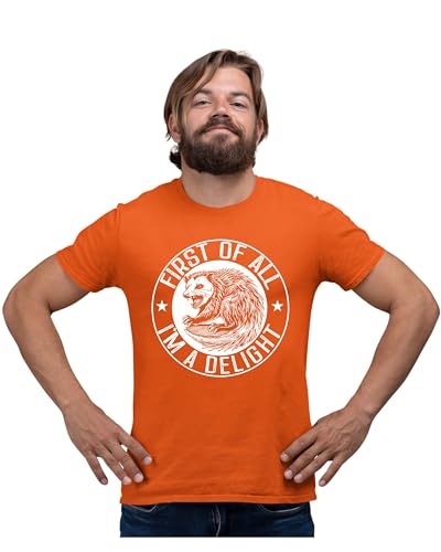 Large Orange Mens First of All I'm A Delight Funny Possum T-Shirt