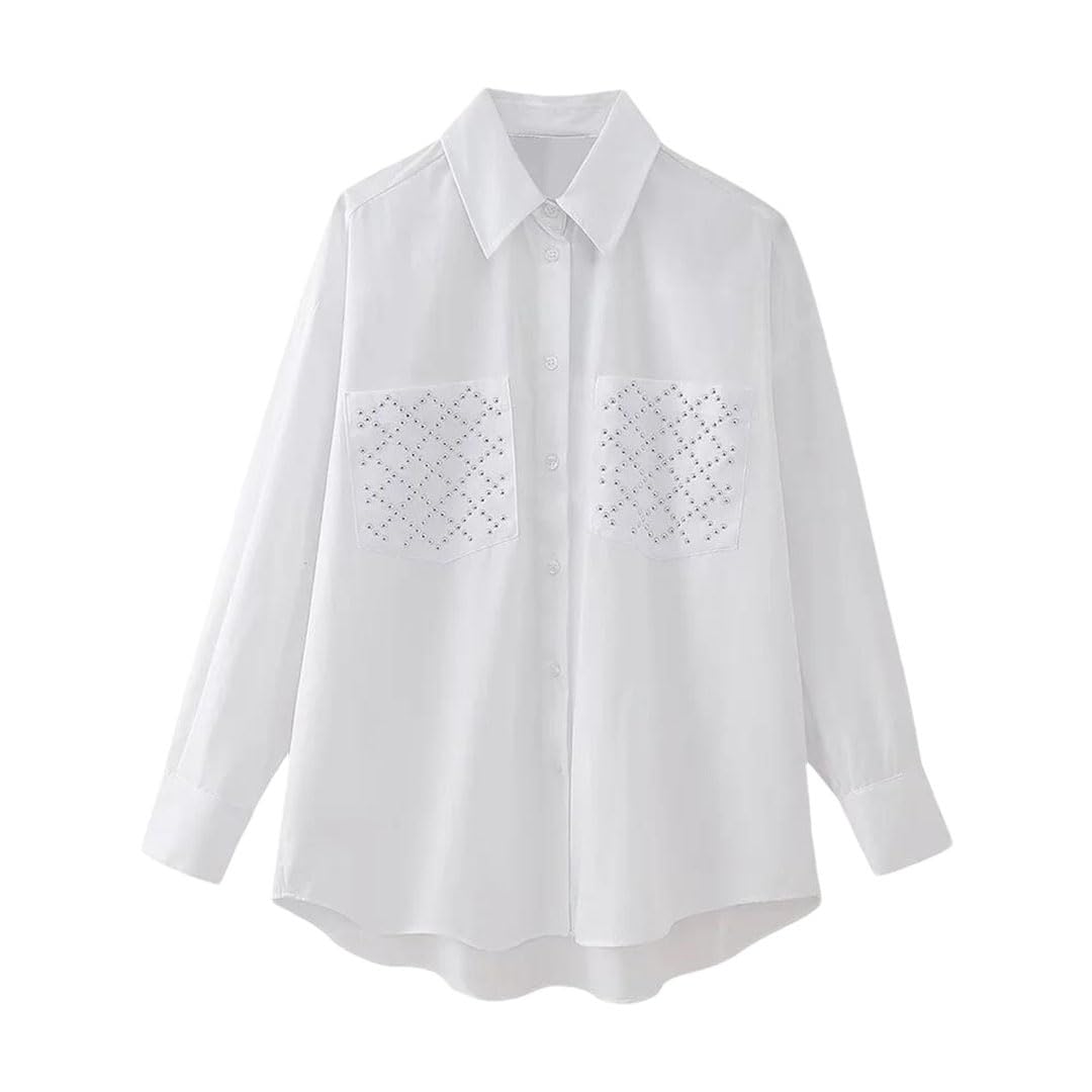 Camicia da donna versatile con colletto a polo a maniche lunghe, orlo asimmetrico, rivetti