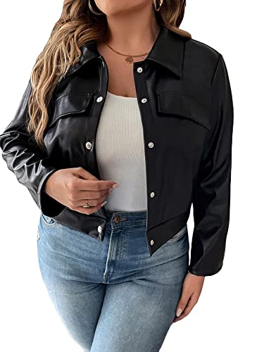 Makemechic Women's Plus Size Faux Leather Flap Detail Long Sleeve Button Down Shirt Jacket Coat Outerwear Black 2Xl #TOP17