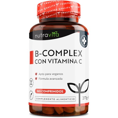 Complejo Vitaminico Completo de Alta Resistencia con Vitamina C - 365 Tabletas Veganas - con 8 Vitaminas B: B1 B2 B3 B5 B6 B12, Biotina y Ácido Fólico - Reduce la Fatiga - por Nutravita