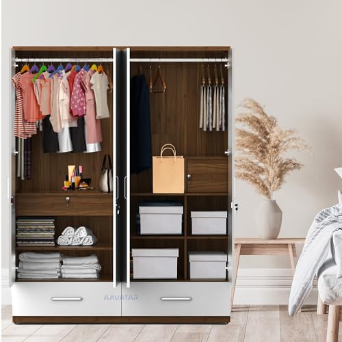 Image of AAVATAR 04 Door Engineered Wood Cupboard - Multi-Shelf Storage Cabinet for Bedroom & Living Room - Durable & Stylish Wardrobe Organizer Without Mirror (Colour - White & Wood, Size 78 X 72 X 19 Inch)