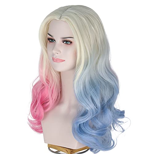 M Miss U Hair Missuhair Women's Long Wavy 2 Dyeing Color Blonde Blue Pink Wig Halloween Costume Wig #TOP4