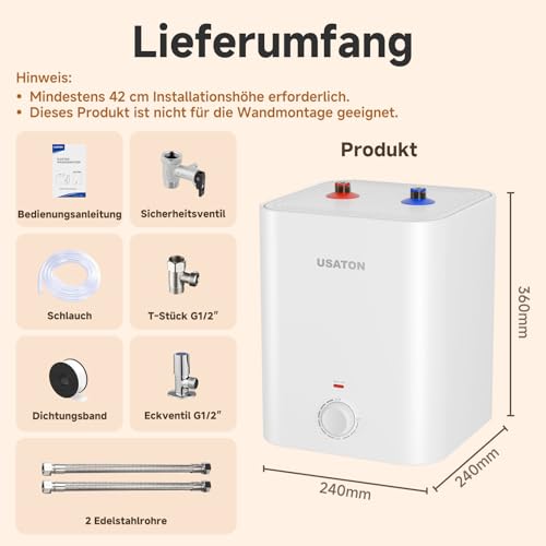 Warmwasserspeicher Untertischboiler 6L 2000W Druckfest Warmwasserboiler mit Sofort Warmwasser, Energiesparend Einfache Installation, SPCC Gehäuse Wasserdicht, Boiler für Küche Badezimmer