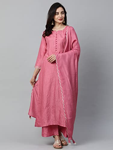 Image of INDO ERA Women's Polyester Solid Straight Kurta Palazzo With Dupatta Set(IE26KH9PK1836)
