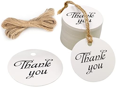 Thank You Tags, 1.97 x 1.97" Paper Gift Tag Round Gift Tags with Natural Jute Twine Perfect for Crafts & Price Tags Labels,Wedding Parties (White)