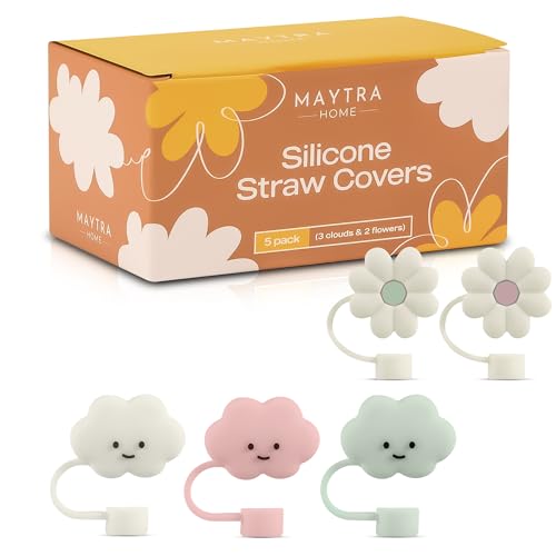 Stanley Straw Covers - 5 Pack Silicone Straw Toppers - 10mm Size - Flower and Cloud Design - Cap for Tumblers - Stanley Accesories