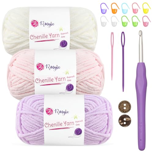 Renyiz Chunky Chenille Yarn for Crochet Baby Blanket Yarn 3x50g Soft Fluffy Wool with 5mm Crochet Hook Amigurumi Crochet Yarn for Beginners (Pink-3)