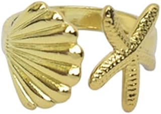 Stainless Steel Ring With See Shell & Star Design For Girl - Gold - Free Size
