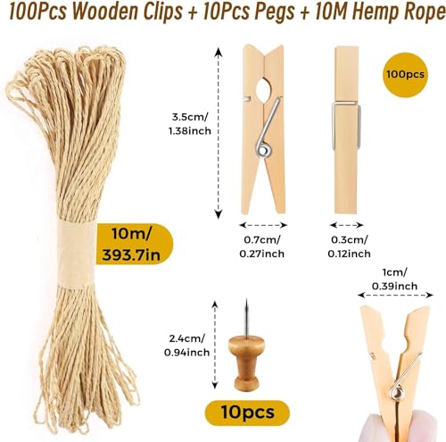 BOOHO 100 Stück Holzklammern 3,5cm, Mini Wäscheklammern DIY Geldgeschenke Deko für Fotos, Kleine Holzklammern mit 10 Nägeln und 10m Leinen für Fotowand Verpackung Gastgeschenk (3.5×0.7cm)