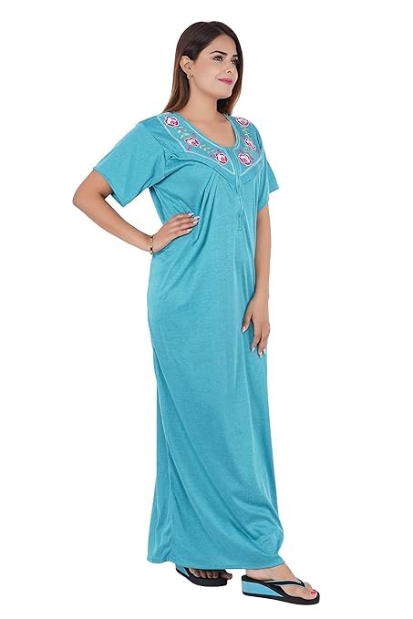 Image of Onekbhalo Women's- Full Sleeves-Feeding- Nursing- Maternity Nighty /Maxi /Gown /Nightdress /Nightwear- Hosiery Cotton Fabric- Floral Print- Embroidery with Zip