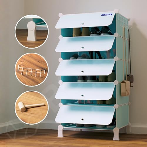 Image of BOXJOY 5 Shelf Plastic Shoe Rack with 5 Doors & 5 Hook Steel Holder (Blue) | Shoes Stand Organiser with Feet, Metal Frame Door & Wooden Hammer for Home Storage to Cover Chappal Slipper Sandals