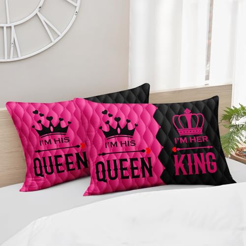 Image of AILONEN King and Queen Print Comforter Set Queen Size,3-Piece Romantic His Hers Bedding Set for Lovers Couple,Crown Mr Mrs Theme Men Women Pink and Black Comforter with 2 Pillowcases