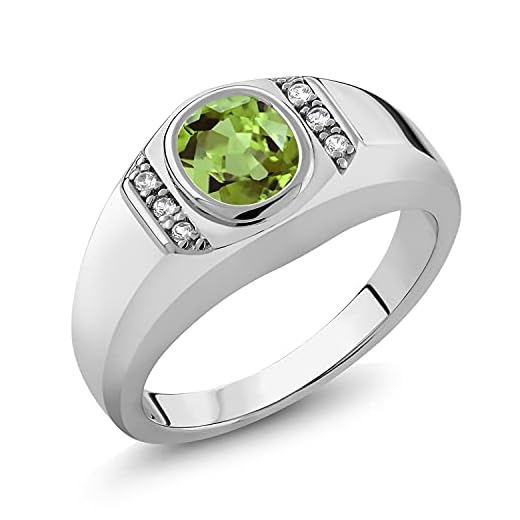 Gem Stone King Men's 925 Sterling Silver Green Peridot and White Created Sapphire Ring (1.39 Cttw, Oval 8X6MM, Available In Size 9,10,11,12,13)