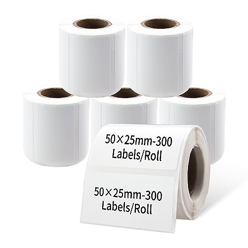 PUQU 50x25mm Direct Thermal Sticker Labels, Self-Adhesive All-Purpose Label Maker Tape, Compatible with AQ Series Label Printer, Refills Standard Laminated Office Labeling, 6 Rolls, 1800 Labels