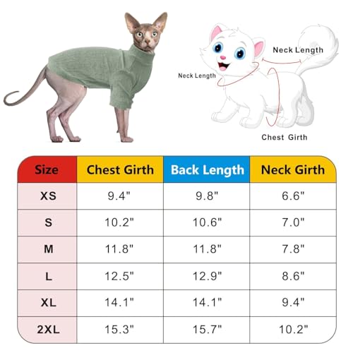 Idepet Sphynx Hairless Cats Sweater Shirt Kitten Soft Puppy Clothes Pullover Cute Cat Pajamas Jumpsuit Cotton Apparel Pet Winter Turtleneck for Cats and Teacup Chihuahua Small Dogs(Green,M)