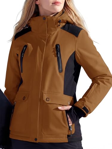 FREE SOLDIER Wasserdichte Skijacke für Damen, Fleece-gefüttert, warmer Winter-Schneemantel mit Kapuze, vollständig versiegelte Nähte (Nussbraun, Größe 2XL)