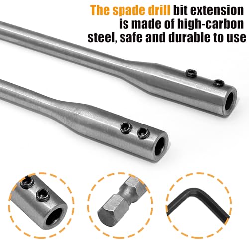HARSKIYER 4 Pcs 1/4 Inch Drill Bit Extension Set, 6 and 12 Inch Wood Spade Drill Bit Extender with 2 Pcs Key for Enhanced Reach in Drilling Tasks, Suitable for Carpentry and Construction