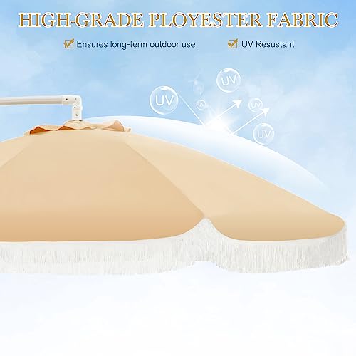 Mfstudio 9Ft Offset Patio Umbrellas With Fringe, Outdoor Tassel Fiberglass Ribs Hanging Cantilever Umbrella For Garden Deck Backyard Table Pool, Beige #TOP4