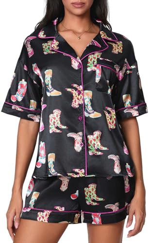 Image of Yiulangde Women's Easter Pajamas 2 Piece Sets Satin Short Sleeve Preppy Easter Eggs Bunny PJs Outfit Button Up Loungewear Set