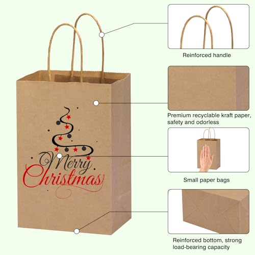 OUTUXED 240pcs Small Paper Bags with Handles, 5.25x3.2x8 Inches Brown Kraft Gift Bags Bulk for Christmas, Shopping, Birthday, Wedding and Business Party