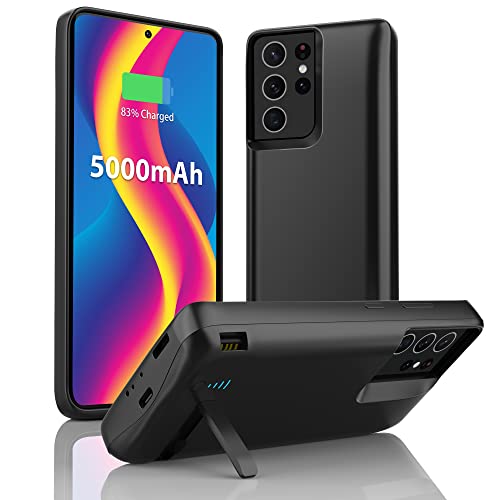 Battery Case for Galaxy S21 Ultra, 5000mAh Rechargeable Extended Backup Batteri Charging Cases for Samsung Galaxy S21 Ultra Portable Power Bank Charger Cover, Black