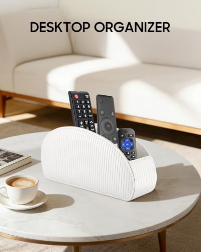 Image of SITHON Remote Control Holder with 5 Compartments - PU Leather Remote Caddy Desktop Organizer Store TV, DVD, Blu-Ray, Media Player, Heater Controllers, Stripe Pearl White