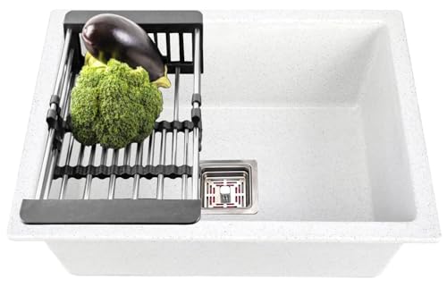 Image of Fossa 10-Year Warranty Pure Quartz Kitchen Sink 24 x 18 Inch | Single Bowl Granite Sink | Includes Waste Coupling, Waste Pipe & Strainer | Top Mount | White Matte Finish