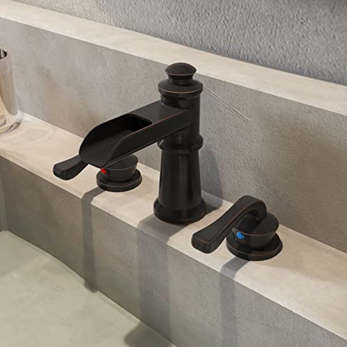 Bwe Waterfall Widespread Bathroom Faucet 3 Hole Sink Farmhouse With Oil Rubbed Bronze Bath Bathtub Faucets Pop Up Drain Stopper Assembly And Supply Line Lead-Free 8-16 Inch 2 Handle Vanity Lavatory #TOP3