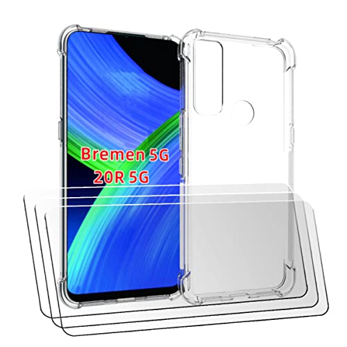 QFSM Protection Coque pour TCL 20R 5G - TPU Airbag Anti-Knock Cover Case Étui Silicone Transparent Housse Shell Antidétonant + 3 Pcs Verre Trempé écran Glass Cover