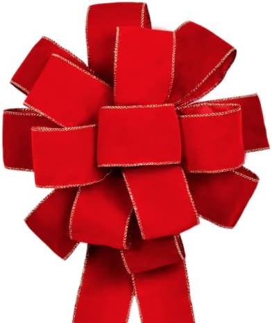 3pcs Red Velvet Ribbon Christmas Bows with Gold Wire, Handmade(26”x 12”) Large Ribbon Bows, Thanksgiving/Christmas Tree Topper, Garland/Wreath Bow, Tree Topper, Wired Red Christmas Bows