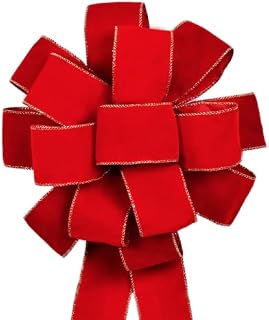 3pcs Red Velvet Ribbon Christmas Bows with Gold Wire, Handmade(26”x 12”) Large Ribbon Bows, Thanksgiving/Christmas Tree Topper, Garland/Wreath Bow, Tree Topper, Wired Red Christmas Bows