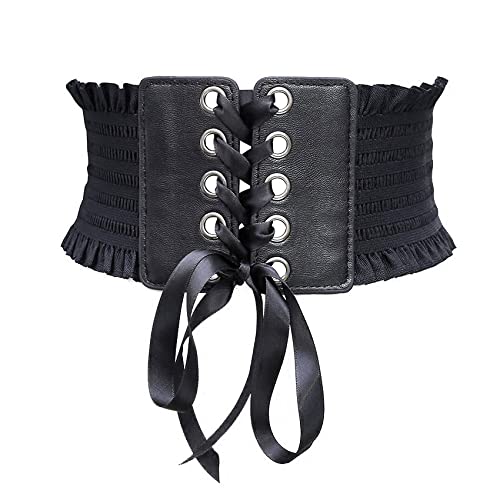 Corset Belt for Women Vintage Lace Up Wide Waist Belt PU Leather Elastic Tied Waspie Cinch Belt for Halloween Costume