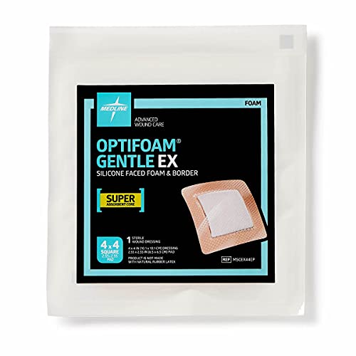 Medline Optifoam Gentle Ex Bordered Foam Adhesive Dressing, 4" X 4" Square (10 Count) #TOP5