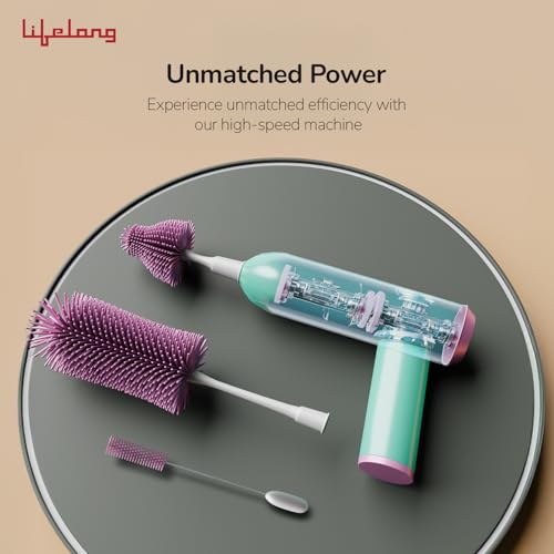 Image of Lifelong Cuppy Electric Bottle Cleaner Brush | Soft Silicone Bristles | Rechargeable, Baby Feeding Bottle Nipple Brush | Ideal for All Bottles, Straws, Corners | Easy to Clean | Removes Oil, Pink