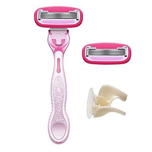 Amazon Basics Women's 5 Blade Fits Razor For Women, Fits Amazon Basics And Venus Handles, Includes 1 Fits Handle, 2 Cartridges & 1 Shower Hanger, Pink #TOP1