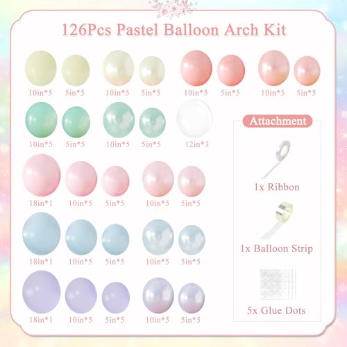 Pastel Rainbow Balloon Garland Arch Kit 126Pcs Double Stuffed Pearl Pink Blue Yellow Peach Purple Turquoise Clear Balloons for Birthday Party Baby Shower Gender Reveal Easter Spring Day Decorations