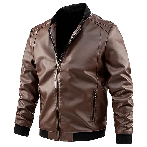 Men's Casual Leather Jacket Slim Fit Faux Leather Bomber Jacket Men Ribbed Collar Lightweight Biker Leather Coat