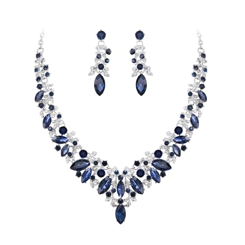 Clearine Gorgeous Wedding Jewellery Set for Women, Stunning Shiny Rhinestone Crystal Marquise Leaf Cluster Statement Necklace Dangle Drop Earrings for Wedding Party Prom Sapphire Silver-Tone