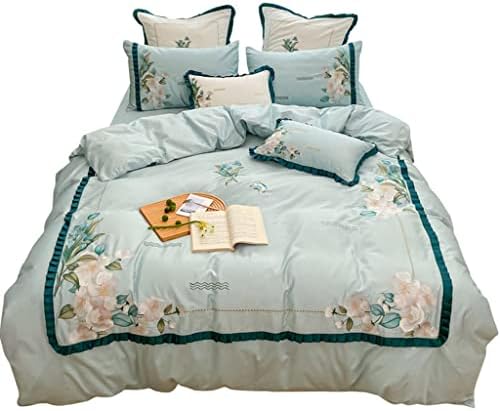 SLATIOM Pastoral Style Long-Staple Cotton Floral Embroidery Four-Piece Set with Ruffled Cotton Quilt Cover for Double Bed (Color : Green, Size : 1.5m)