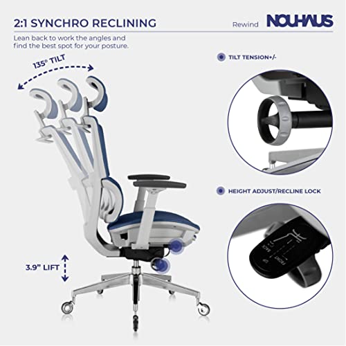 Image of Nouhaus Rewind Ergonomic Office Chair with Footrest and Lumbar Support. Swivel Computer Chair, Rolling Home Office Desk Chairs with Wheels, Mesh High Back Task Chair, Comfortable Office Chair (Navy)